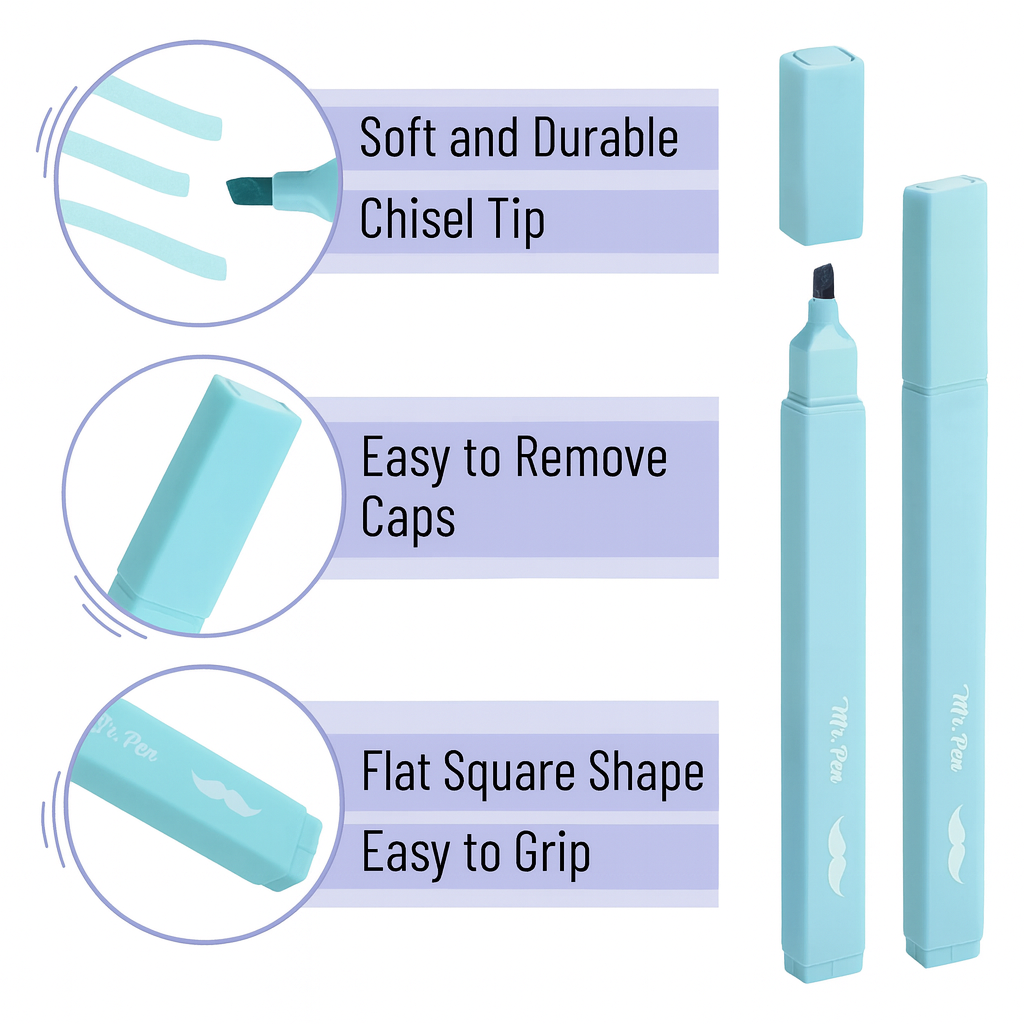 Blue marker pen with features highlighted on a white background