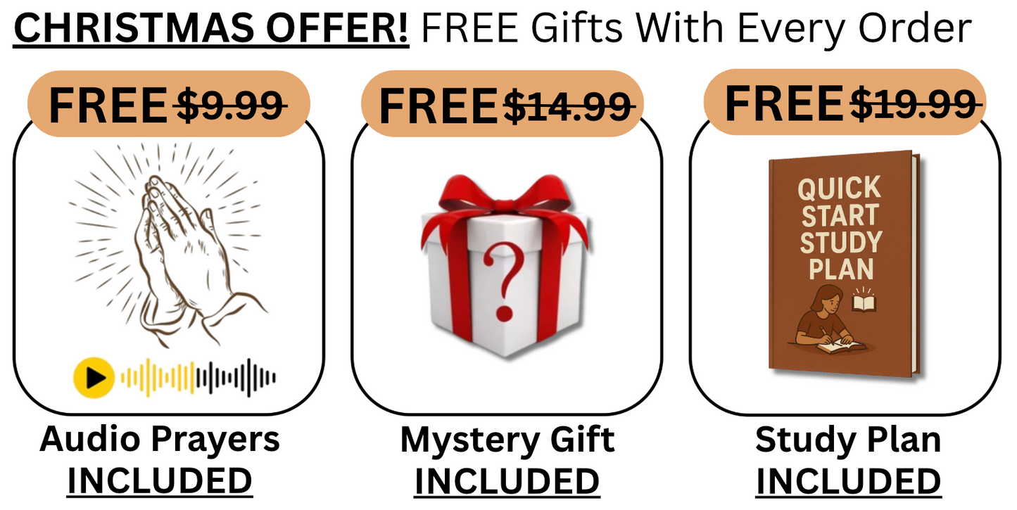 Christmas offer with free gifts including audio prayers, mystery gift, and study plan