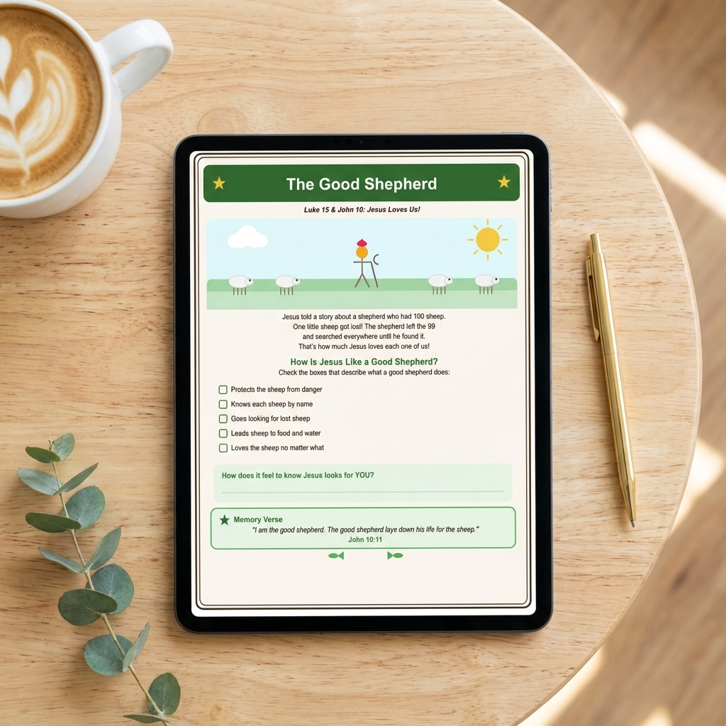 Tablet displaying Kids Bible Story Worksheets on a wooden table with a cup of coffee and pen.