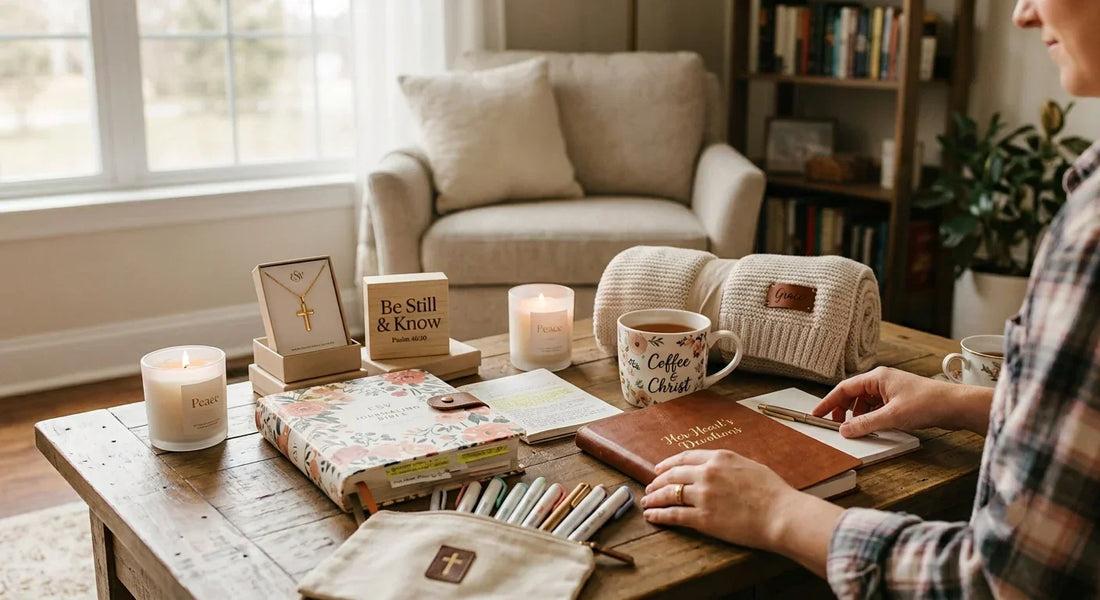A cozy Bible study setup on a rustic wooden table featuring a floral Bible, Christian journal, cross necklace, scripture block, scented candles, faith-themed coffee mug, knitted blanket, pens, and a woman writing notes in a warm, inviting living room.