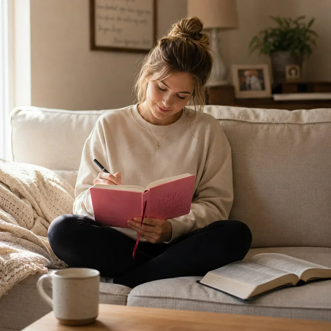 a young woman in her early 20s is sitting on a sofa and writing in her bible study journal.