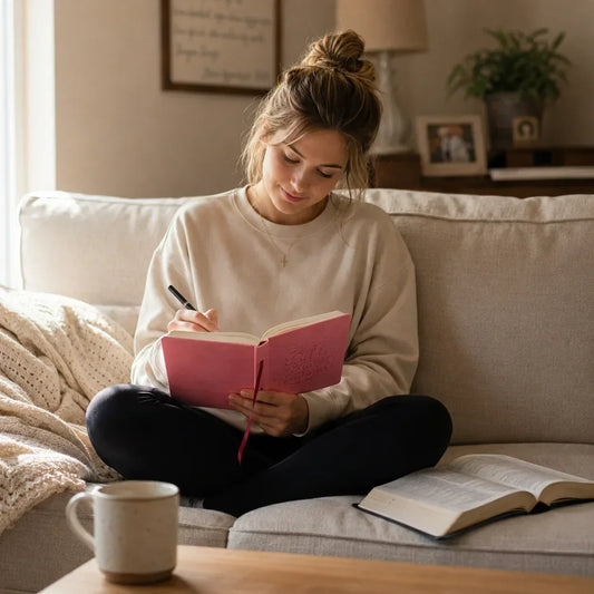 a young woman in her early 20s is sitting on a sofa and writing in her bible study journal.