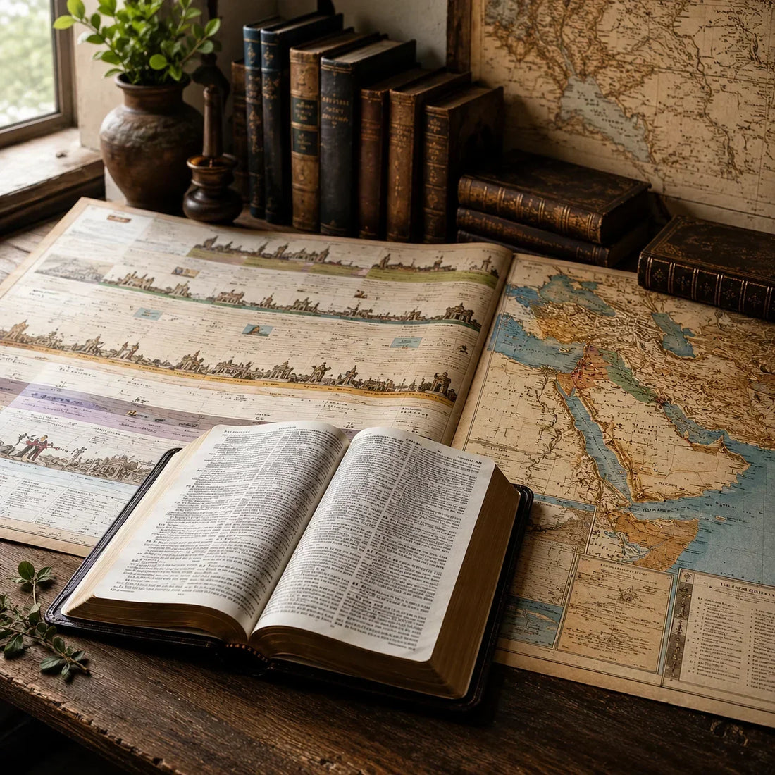 a study table with an open bible alongside various maps, charts and guides