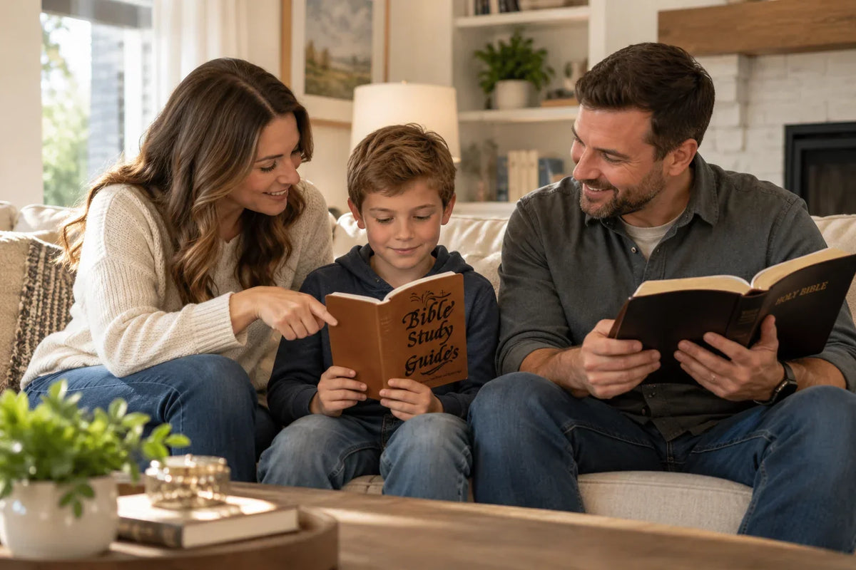 family sitting together and reading from bible study guide along with bible
