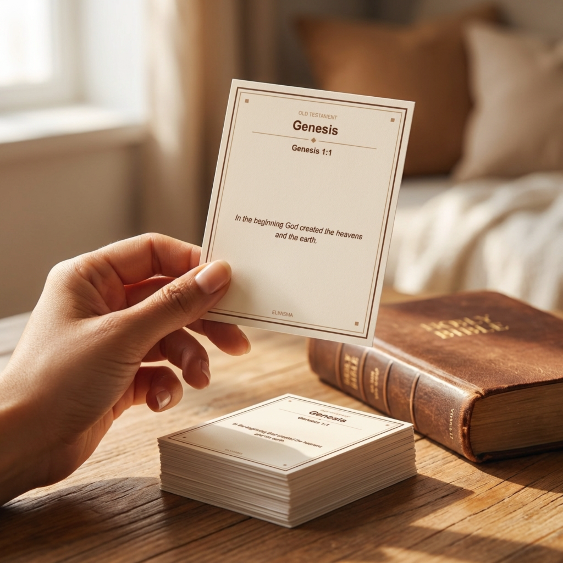 Hand holding a card with 'Genesis' text, placed on top of a Bible on a wooden surface.