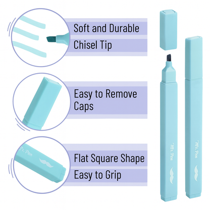 Blue marker pen with features highlighted on a white background