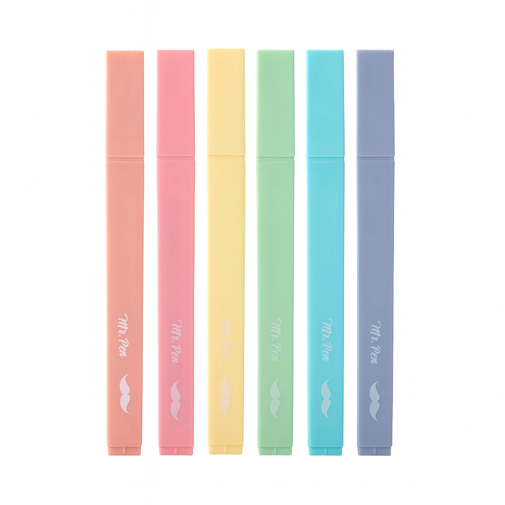Set of six colorful markers with visible brand name on a white background