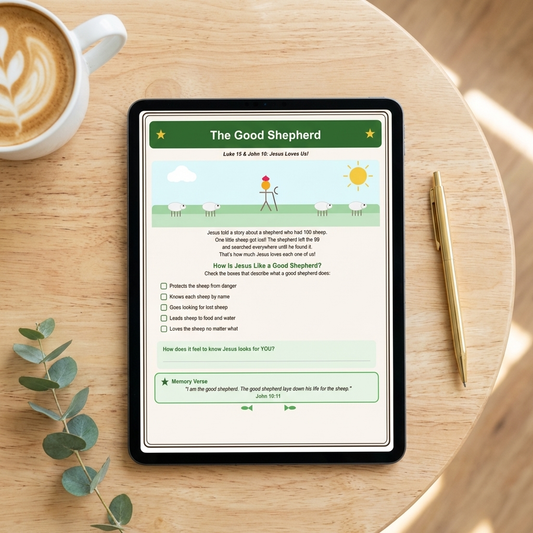 Tablet displaying Kids Bible Story Worksheets on a wooden table with a cup of coffee and pen.
